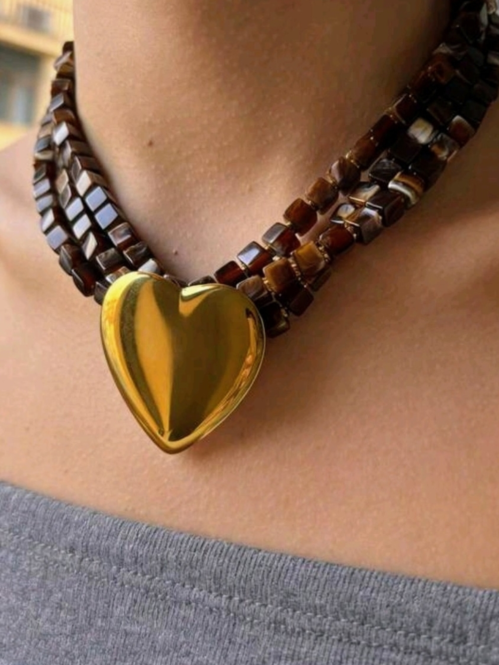 Gold Heart Pendant Necklace with Brown Beaded Strands